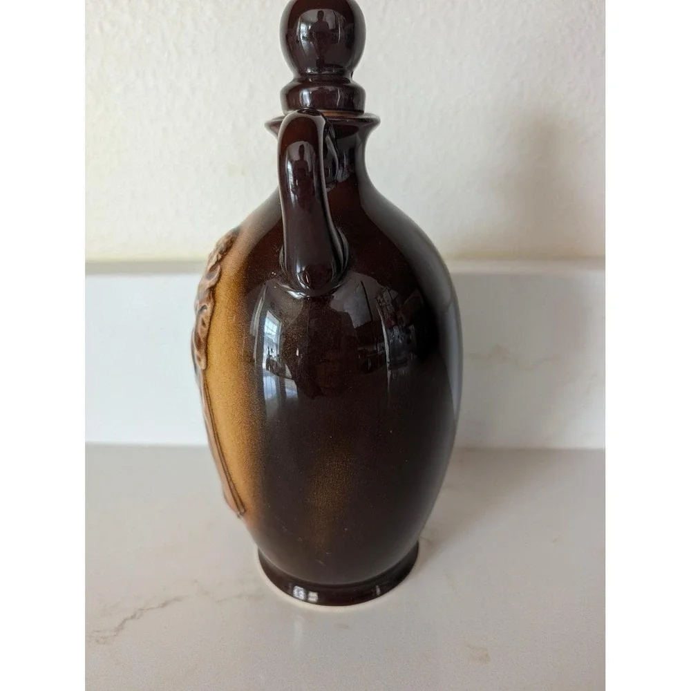 Vintage Monk Ceramic Decanter Brown Ombre Glaze Relief 3D Design with Stopper